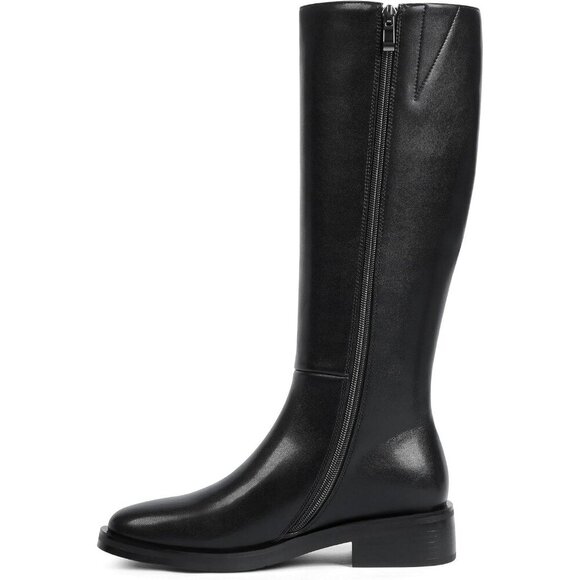 Women Polyurethane Pu Black Round Toe Flat Heel Side Zipper Knee High Tall Boots - Picture 6 of 7